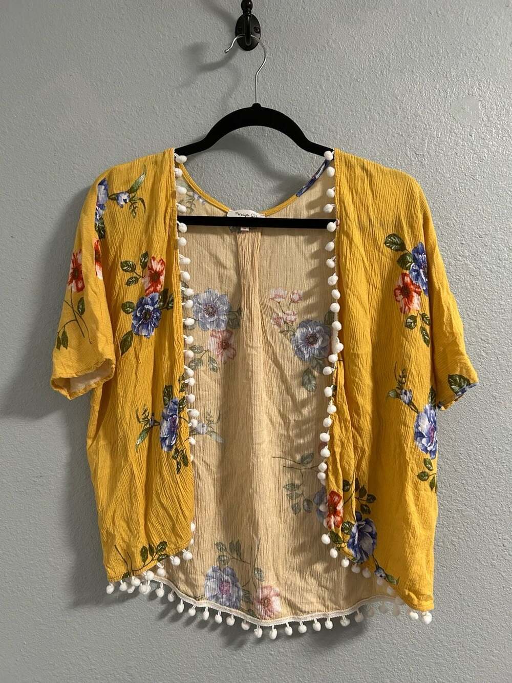 Persaya Floral Kimono Cardigan Size L Yellow Pom Pom Boho